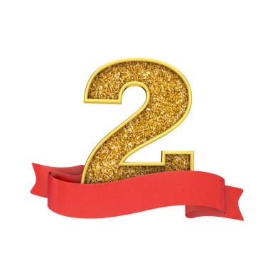 Kırmızı bir kaydırma afiş ile 2 numaralı altın glitter kutlama. 3d Render