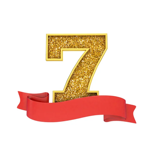 赤いスクロールバナーでナンバー7ゴールドキラキラのお祝い。3D レンダリング — ストック写真
