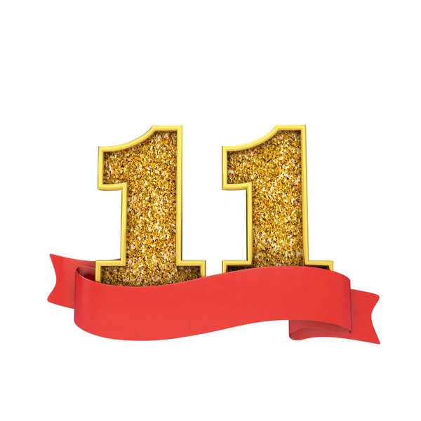 Celebración del brillo de oro número 11 con una pancarta de pergamino rojo. Renderizado 3D — Foto de Stock