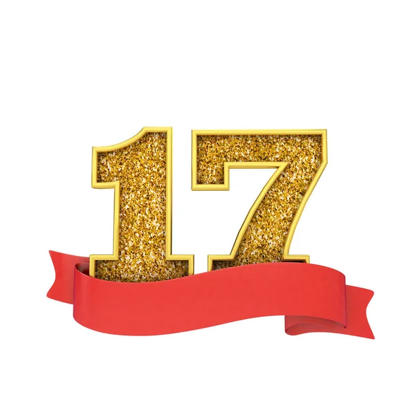 Nummer 17 gouden glitter viering met een rode scroll banner. 3D renderen — Stockfoto