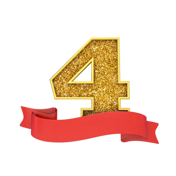 Gold-Glitzerfeier Nummer 4 mit rotem Schriftrollen-Banner. 3D-Darstellung — Stockfoto