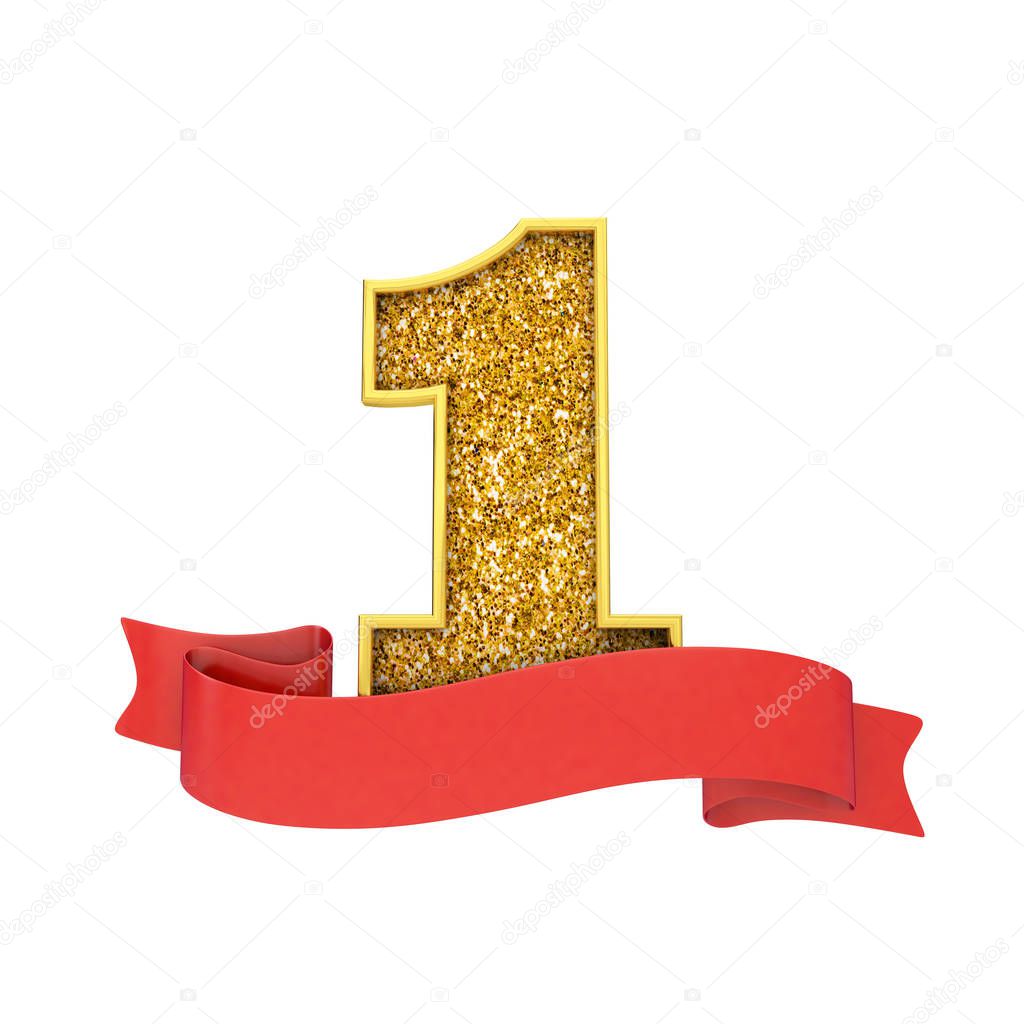 Number 1 gold glitter celebration with a red scroll banner. 3D Render