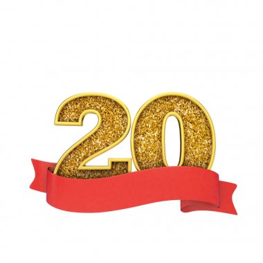 Number 20 gold glitter celebration with a red scroll banner. 3D Render clipart