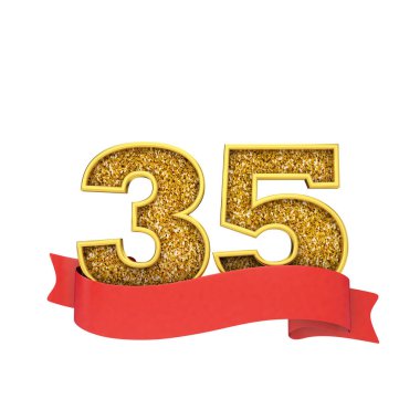 Kırmızı bir kaydırma afiş ile 35 numara altın glitter kutlama. 3d Render