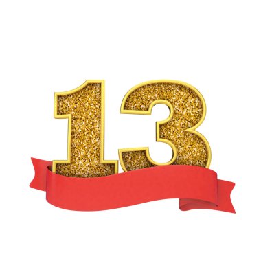 Number 13 gold glitter celebration with a red scroll banner. 3D Render clipart