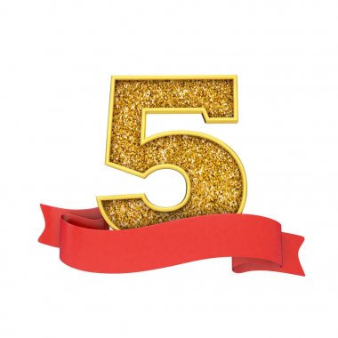 Number 5 gold glitter celebration with a red scroll banner. 3D Render clipart