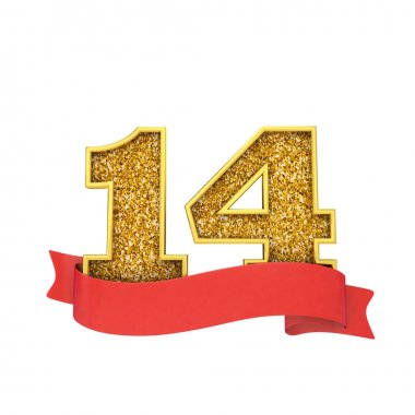 Kırmızı bir kaydırma afiş ile 14 numara altın glitter kutlama. 3d Render