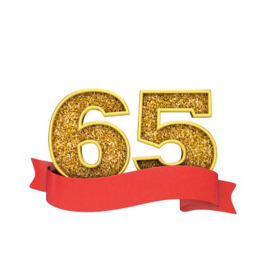 65 numaralı altın parıltılı kutlama ve kırmızı bir parşömen afişi. 3d Render