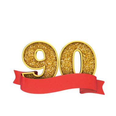 Kırmızı bir kaydırma afiş ile 90 numara altın glitter kutlama. 3d Render