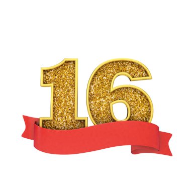Number 16 gold glitter celebration with a red scroll banner. 3D Render clipart