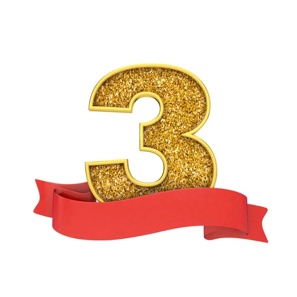 Celebração de brilho de ouro número 3 com um banner de rolagem vermelho. Renderização 3D — Fotografia de Stock