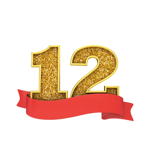 Numéro 12 célébration de paillettes d'or avec une bannière à défilement rouge. Expéditeur 3D — Photo