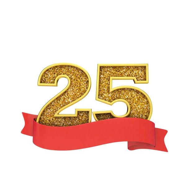 Number 25 gold glitter celebration with a red scroll banner. 3D Render — Stock Photo, Image