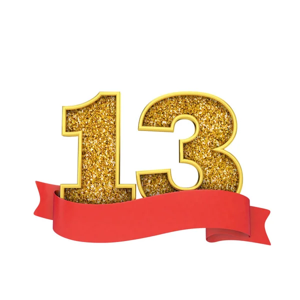 Numer 13 złota celebracja brokatu z czerwonym transparentem przewijania. Renderowanie 3D — Zdjęcie stockowe