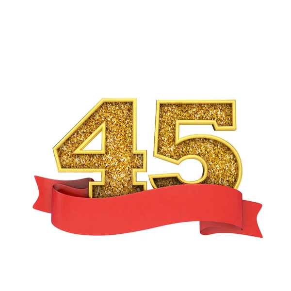 Αριθμός 45 χρυσός γιορτή γκλίτερ με ένα κόκκινο πανό κύλισης. Απόδοση 3D — Φωτογραφία Αρχείου