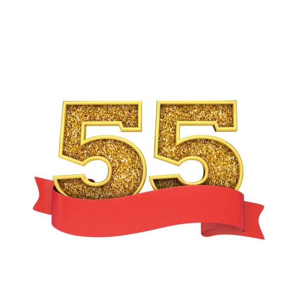 赤いスクロールバナーで55番ゴールドキラキラのお祝い。3D レンダリング — ストック写真
