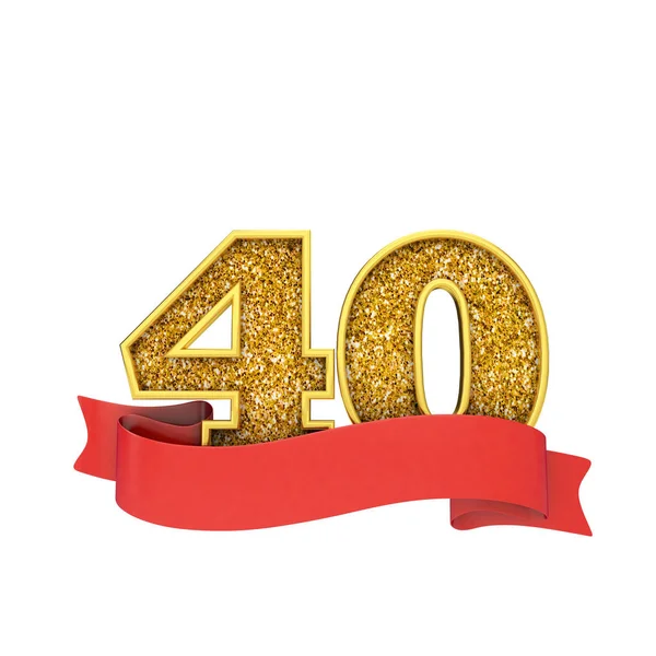 Number 40 gold glitter celebration with a red scroll banner. 3D Render — Stock Photo, Image