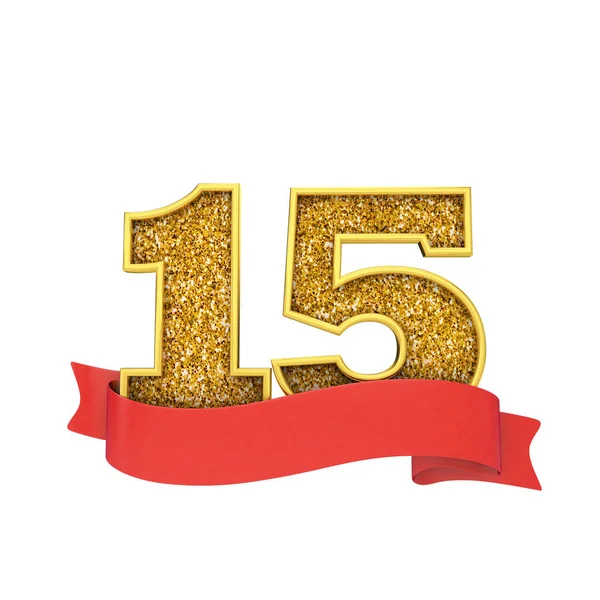 Numéro 15 célébration de paillettes d'or avec une bannière à défilement rouge. Expéditeur 3D — Photo