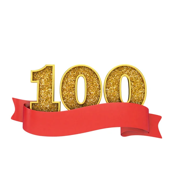 번호 100 골드 반짝이 축하 빨간 스크롤 배너. 3D 렌더링 — 스톡 사진