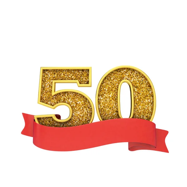 Αριθμός 50 χρυσός γιορτή γκλίτερ με ένα κόκκινο πανό κύλισης. Απόδοση 3D — Φωτογραφία Αρχείου