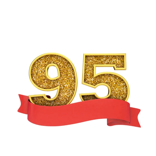 Number 95 gold glitter celebration with a red scroll banner. 3D Render — Stock Photo, Image