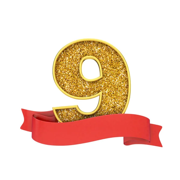 Nummer 9 gouden glitter viering met een rode scroll banner. 3D renderen — Stockfoto