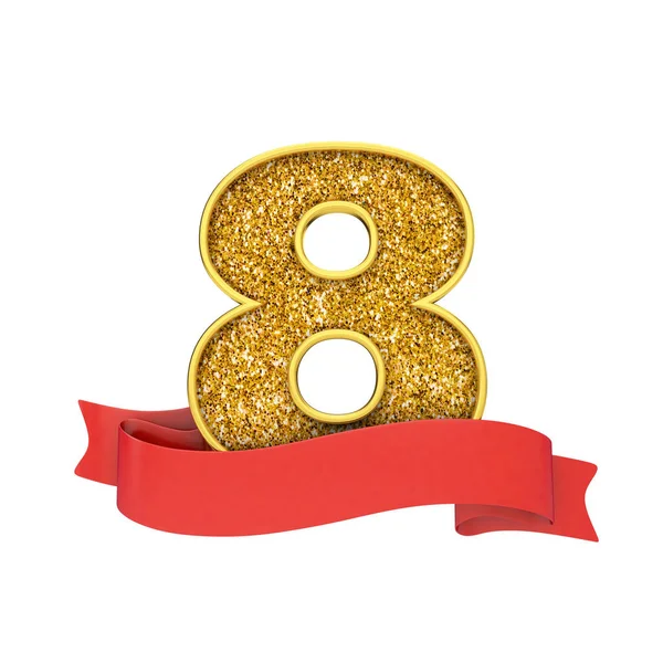 Nummer 8 gouden glitter viering met een rode scroll banner. 3D renderen — Stockfoto