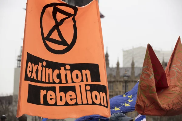 Londra, İngiltere - 23 Nisan 2019: Londra'da düzenlenen protestoda Extinction İsyanı bayraklarıyla protestocular — Stok fotoğraf
