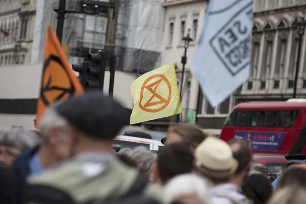 Londra, İngiltere - 23 Nisan 2019: Londra'da düzenlenen protestoda Extinction İsyanı bayraklarıyla protestocular — Stok fotoğraf