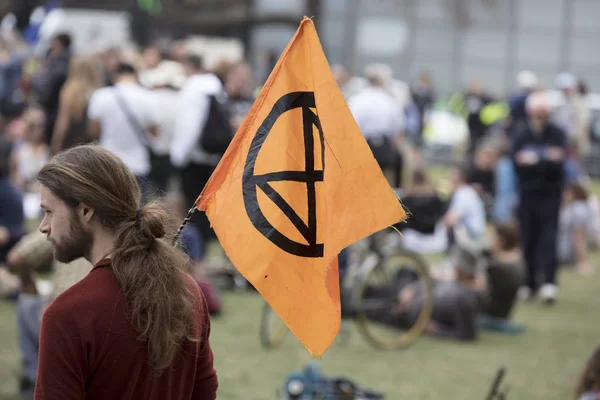 Londra, İngiltere - 23 Nisan 2019: Londra'da düzenlenen protestoda Extinction İsyanı bayraklarıyla protestocular — Stok fotoğraf