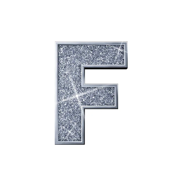 Srebrny list brokat F. błyszczące musujące litery. Renderowanie 3D — Zdjęcie stockowe