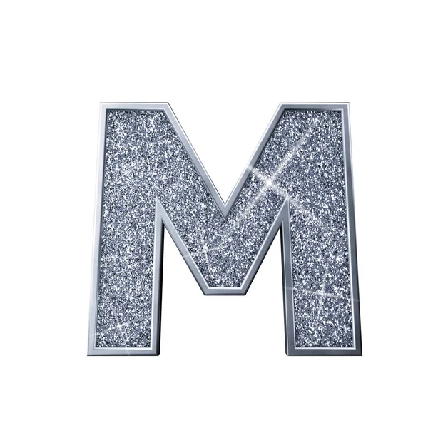 ตัวอักษรสะท้อนแสงสีเงิน ตัวอักษรใหญ่ส่องแสง M. การแสดงผล 3 มิติ — ภาพถ่ายสต็อก