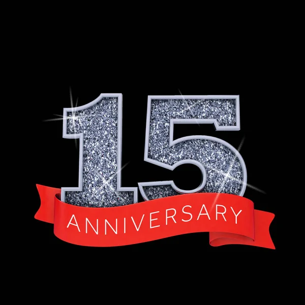 Número 15 prata brilhante aniversário celebração banner. Renderização 3D — Fotografia de Stock