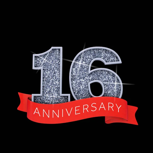 Número 16 prata cintilante aniversário celebração banner. Renderização 3D — Fotografia de Stock