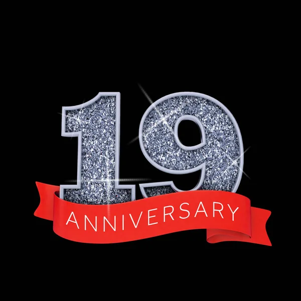 Número 19 prata cintilante aniversário celebração banner. Renderização 3D — Fotografia de Stock