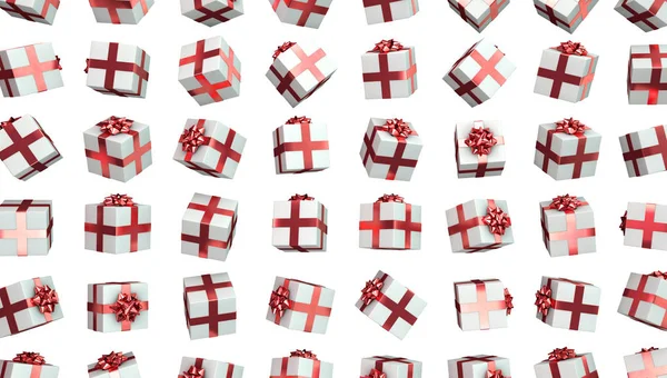 A background of gift box presents wrapped with ribbon and a bow. 3D Render — Stock Photo, Image