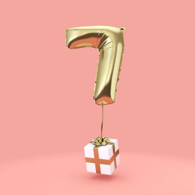 7 numara doğum günü kutlaması altın folyo helyum balon hediyeleri ile. 3d Render