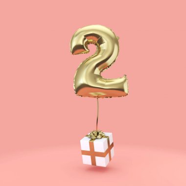 2 numaralı doğum günü kutlaması altın folyo helyum balon hediyeleri ile. 3d Render