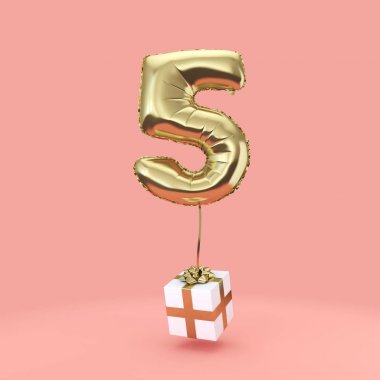 5 numara doğum günü kutlaması altın folyo helyum balon hediyeleri ile. 3d Render