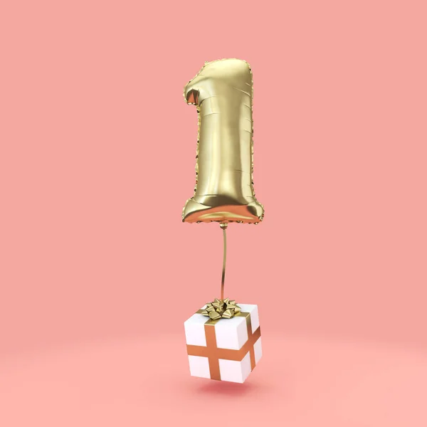 Νούμερο 1 γιορτή γενεθλίων χρυσό φύλλο ηλίου με δώρα. Απόδοση 3D — Φωτογραφία Αρχείου