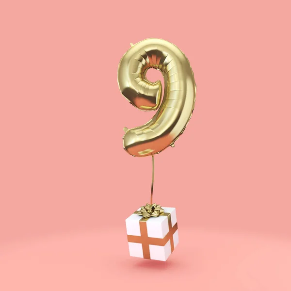 Number 9 birthday celebration gold foil helium balloon with presents. 3D Render — Stock Photo, Image