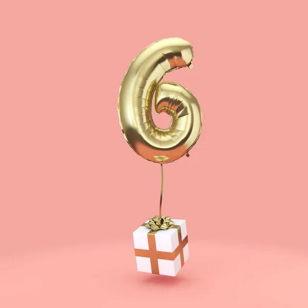 번호 6 생일 축하 금 호일 헬륨 풍선 선물. 3D 렌더링 — 스톡 사진