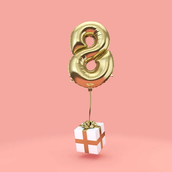 Nummer 8 födelsedagsfirande guldfolie helium ballong med presenter. 3D-rendering — Stockfoto