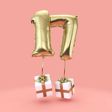 17 numara doğum günü kutlaması altın folyo helyum balon hediyeleri ile. 3d Render