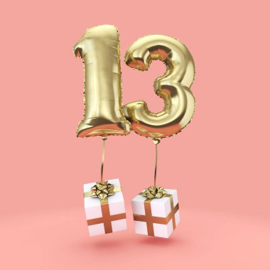13 numara doğum günü kutlaması altın folyo helyum balon hediyeleri ile. 3d Render