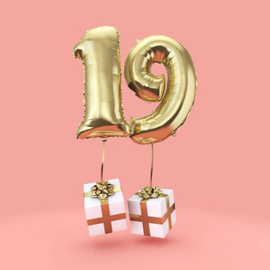 19 numara doğum günü kutlaması altın folyo helyum balon hediyeleri ile. 3d Render