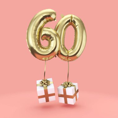 60 numaralı doğum günü kutlaması altın folyo helyum balonu hediyelerle birlikte. 3B Hazırlama