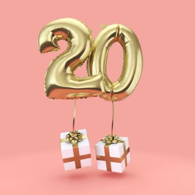 Number 20 birthday celebration gold foil helium balloon with presents. 3D Render clipart