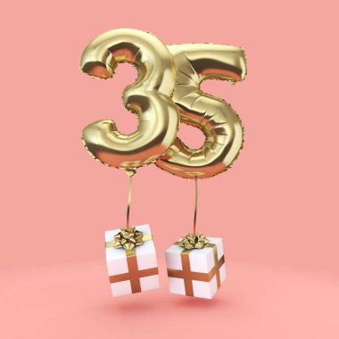 Numara 35 doğum günü kutlaması altın folyo helyum balon hediyeleri ile. 3d Render