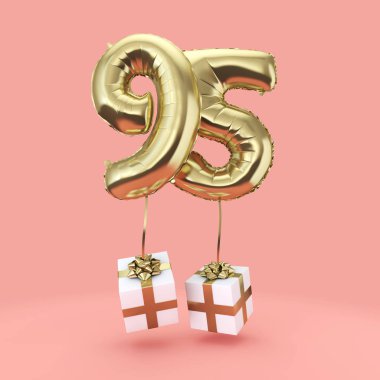 Numara 95 doğum günü kutlaması altın folyo helyum balon hediyeleri ile. 3d Render